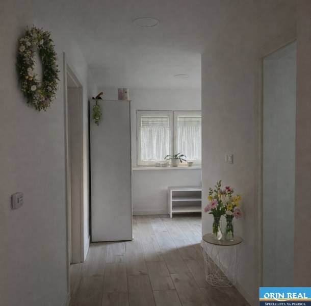 Světlá chodba rodinného domu s podlahou s dřevěným dekorem, květinami a dekoracemi.