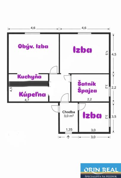 Půdorys rodinného domu s místnostmi: obývací pokoj, kuchyň, pokoje, koupelna, spíž.