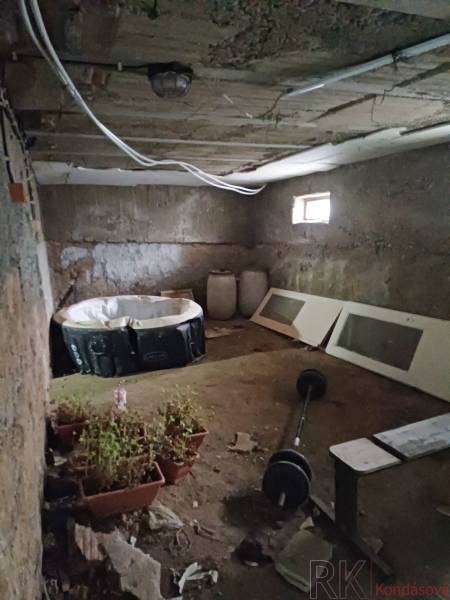 Ve sklepě rodinného domu jsou květináče s rostlinami, vířivka, bary a stavební materiál.