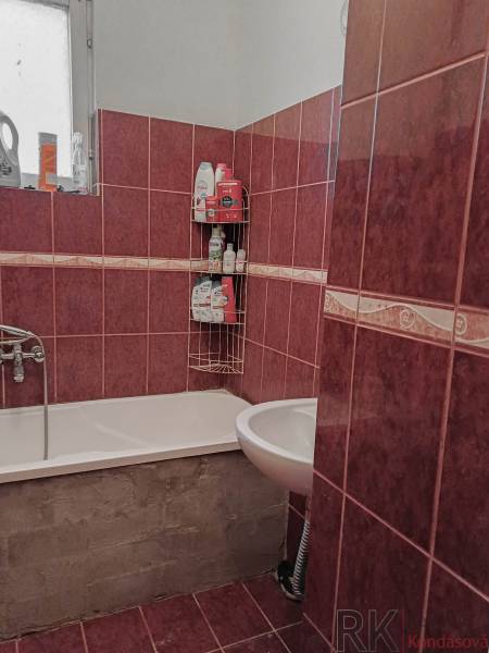 Koupelna se sprchovým koutem, obložená červenými dlaždicemi, v rodinném domě.