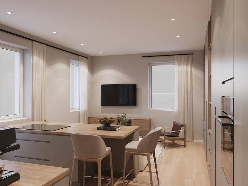 Jednoduchý interiér 1-pokojového bytu s kuchyní a obývací zónou, podlaha s dřevěným dekorem.