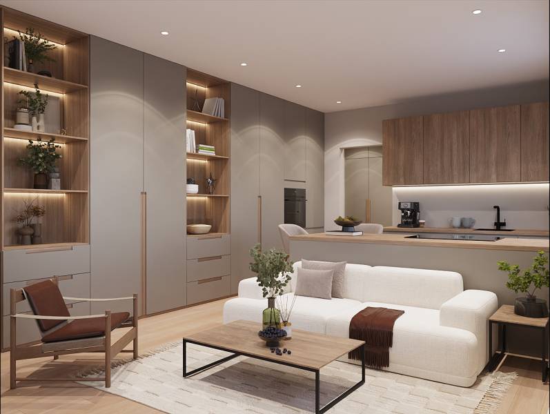 Světlý obývací prostor v 1-pokojovém bytě s podlahou s dřevěným dekorem a vestavěnou knihovnou.