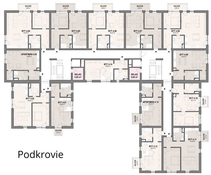 Půdorys podkroví s byty a apartmány, včetně skladových prostor.