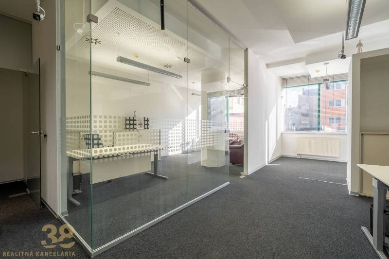 Kanceláře se skleněnými příčkami a kobercovou podlahou, světlé prostory a přirozené světlo.