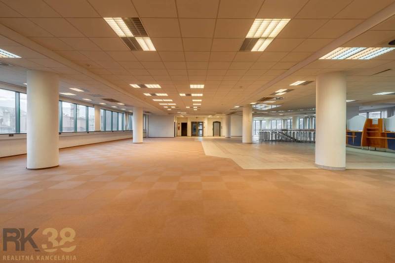 Široký kancelářský prostor s kobercovou podlahou a sloupy, ideální k využití.