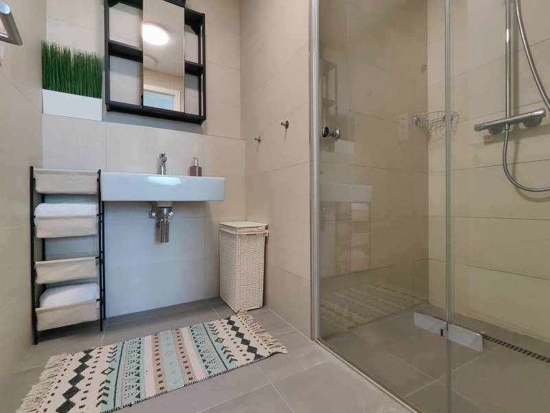 Koupelna v 2-pokojovém bytě s umyvadlem, zrcadlem, sprchovým koutem a koberečkem.