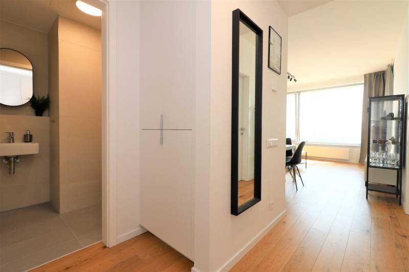 Interiér 2-pokojového bytu s koupelnou, zrcadlem a podlahou s dřevěným dekorem.