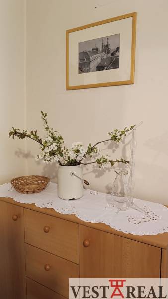 Rodinný dům s květinami na komodě, ozdobenou dečkou a obrazem na stěně.