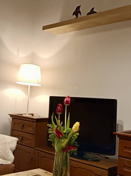 3pokojový byt s dřevěnými skříňkami, televizorem, lampou a kyticí tulipánů.
