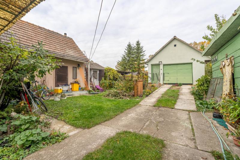 Dvory rodinného domu ve Velkých Dvorníkách se zelení a hospodářskými budovami.