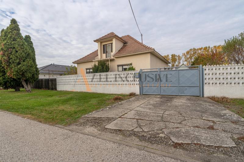 Rodinný dům ve Velkých Dvorníkách s velkou zahradou, stromy a betonovým chodníkem.