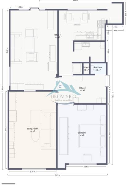 Půdorys 4-pokojového bytu s rozmístěním pokojů a nábytku.