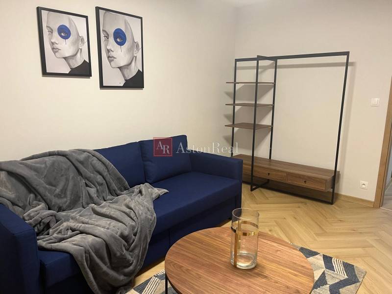 Obývací pokoj s modrou sedačkou, moderními obrazy a policovým systémem v 3pokojovém bytě.