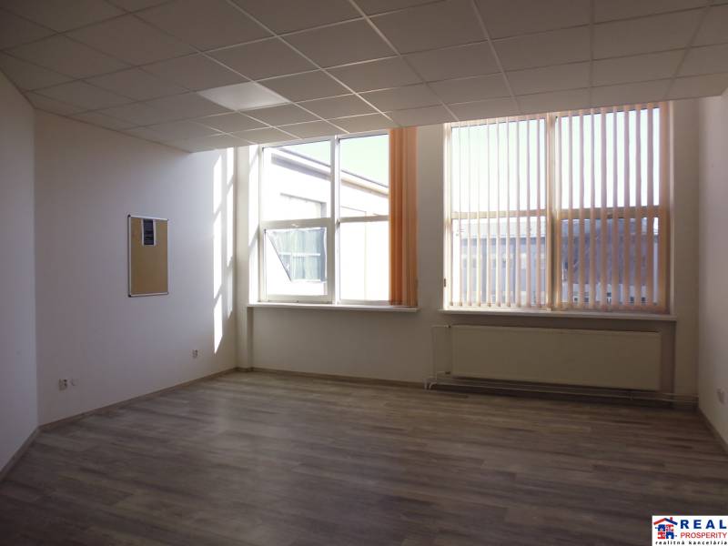 Interiér kanceláře s podlahou s dřevěným dekorem, velká okna a radiátor.