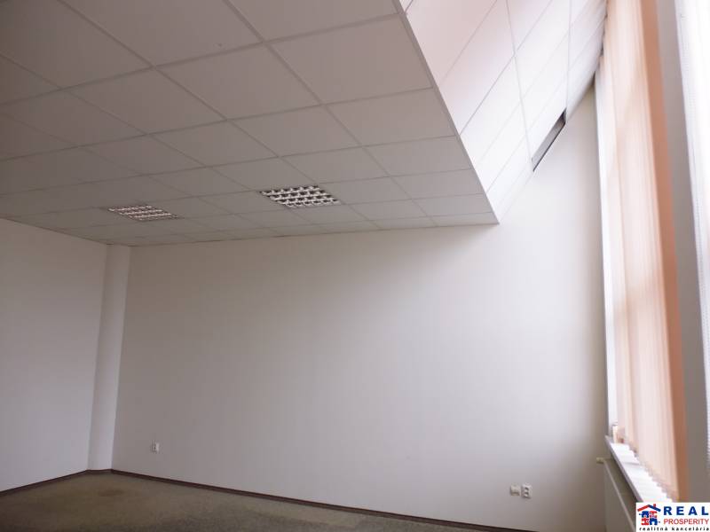 Prostorná kancelář s podlahou s dřevěným dekorem a velkým oknem, vhodná k práci.