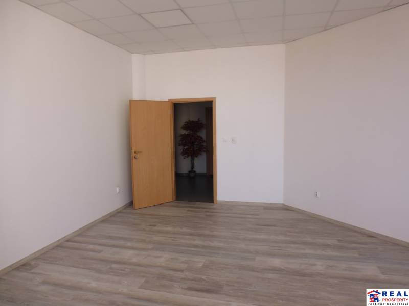 Kanceláře s podlahou s dřevěným dekorem a otevřenými dveřmi.
