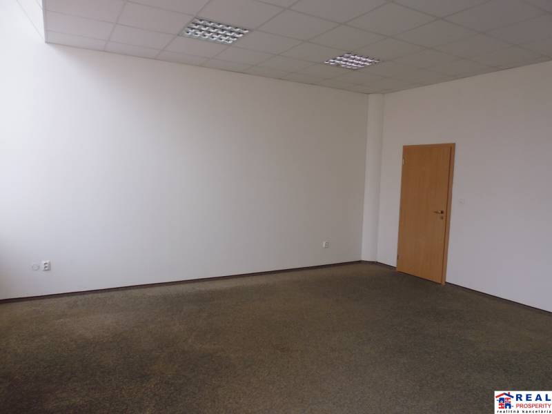 Kancelář s kobercovou podlahou, bílé stěny, dřevěné dveře; jednoduchý design.