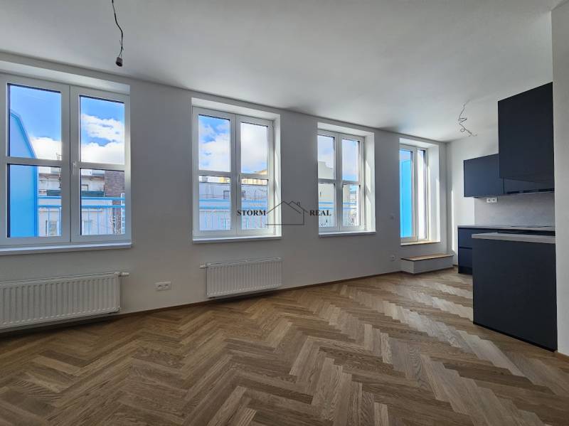 1+kk byt s podlahou s dřevěným dekorem a černou kuchyňskou linkou.