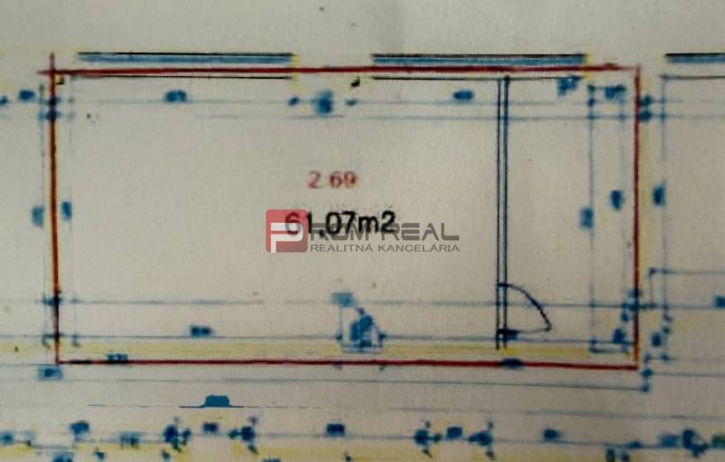 Půdorys kanceláře s vyznačenou plochou 61,07 m² na Cintorínské v Bratislavě - Staré Město.