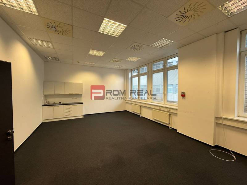 V kanceláři jsou bílé skříňky, koberce, stropní svítidla a velká okna.