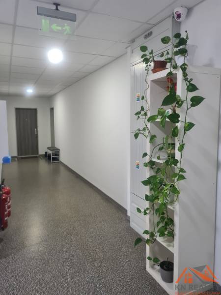 Chodba v 2-pokojovém bytě s dlažbou, zelení a únikovým značením na stropě.