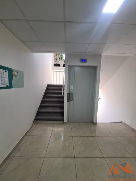 Schodiště s výtahem, dlažbou a rostlinami v 2-pokojovém bytě.