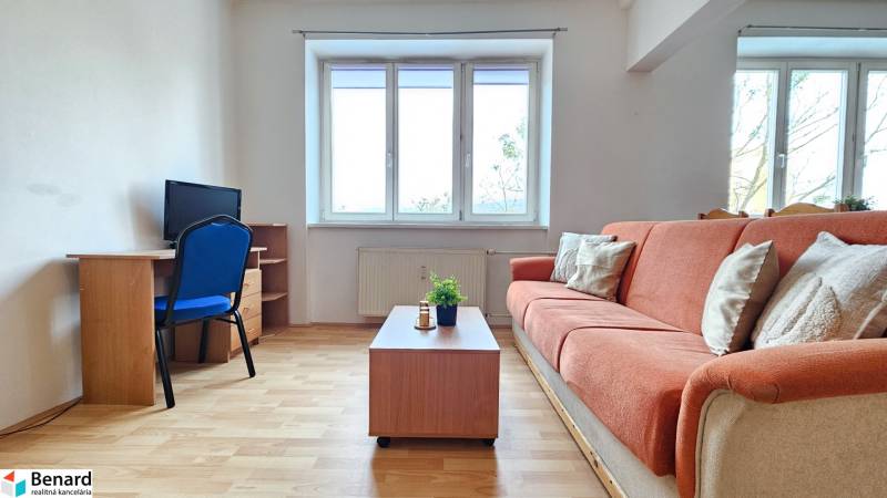 Obývací pokoj v 2-pokojovém bytě s podlahou s dřevěným dekorem, pohodlnou sedačkou a pracovním stolem.