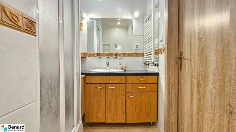 Koupelna se sprchovým koutem, umyvadlem a skříňkami ve 2-pokojovém bytě s podlahou s dřevěným dekorem.