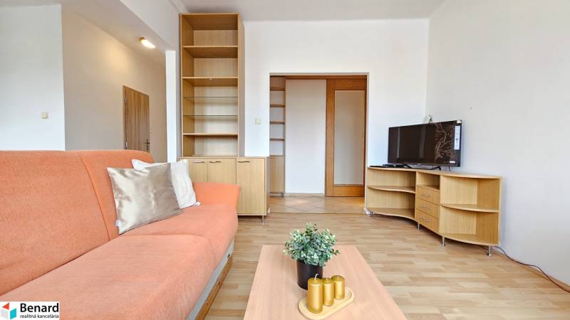 Obývací pokoj v 2pokojovém bytě s pohovkou a podlahou s dřevěným dekorem.