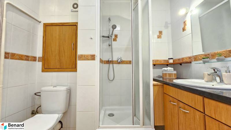 Koupelna v 2-pokojovém bytě s toaletou, sprchovým koutem, umyvadlem a dřevěnou skříňkou.