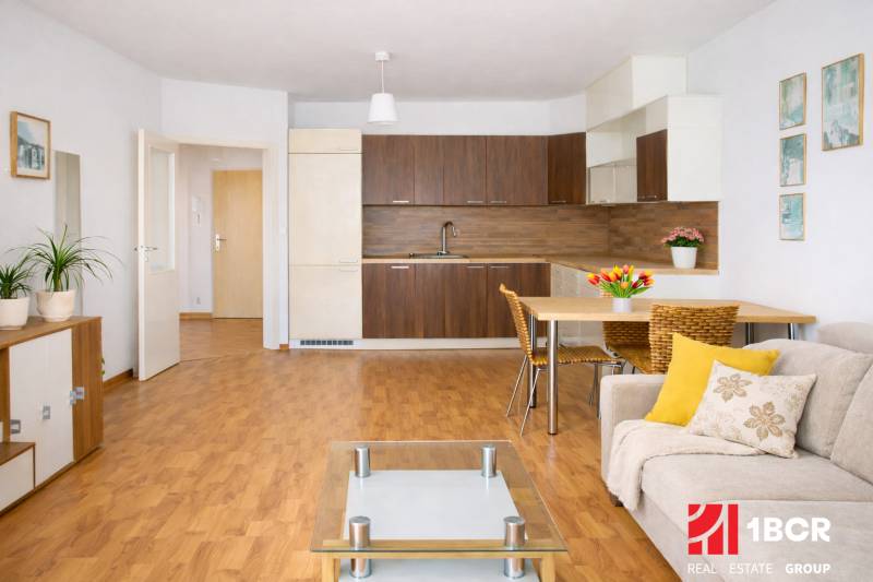 Obývací pokoj dvoupokojového bytu s kuchyní, podlahou s dřevěným dekorem a pohodlným sezením.