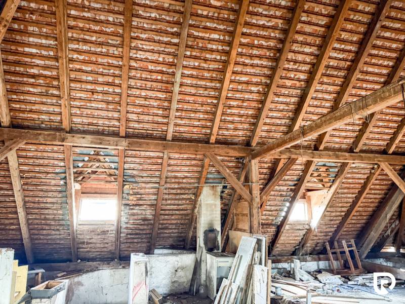 Podkroví se střešními okny a dřevěnými trámy v rodinném domě.