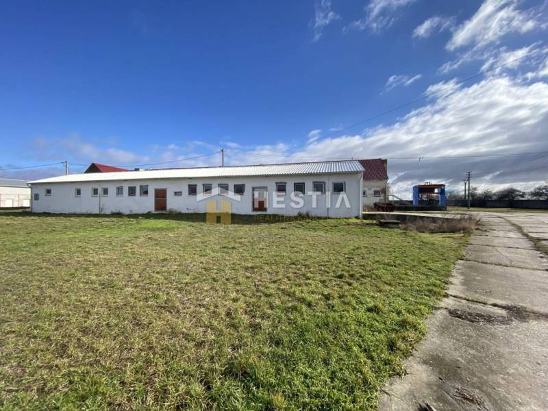 Sklady a haly v Rybkách obklopené zelenou plochou a betonovou cestou.