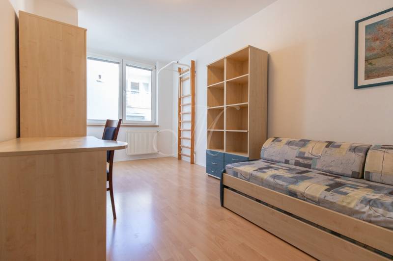 Pokoj v 3-pokojovém bytě s rozkládací pohovkou, regály a podlahou s dřevěným dekorem.