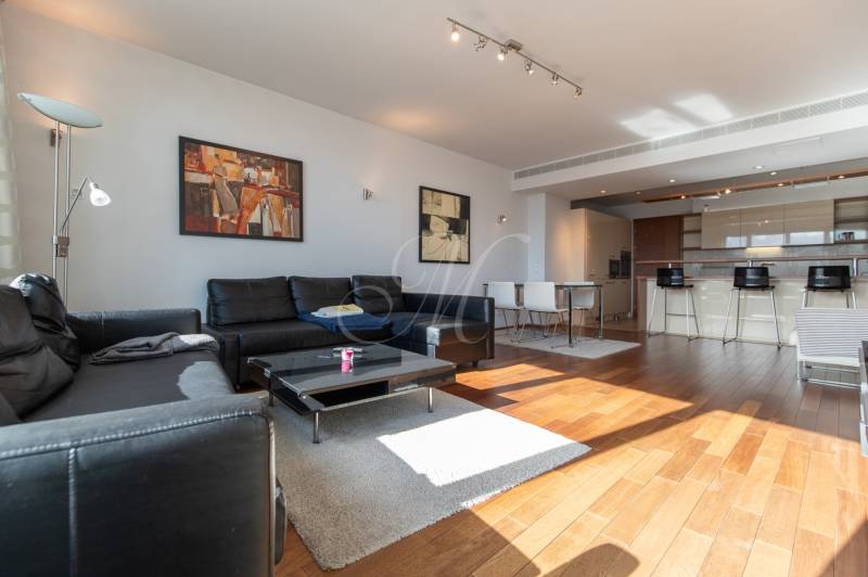 Obývací pokoj v dvoupokojovém bytě s podlahou s dřevěným dekorem a černou koženou pohovkou.