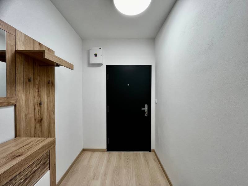 V 2-pokojovém bytě je předsíň s věšákem, podlahou s dřevěným dekorem a tmavými dveřmi.