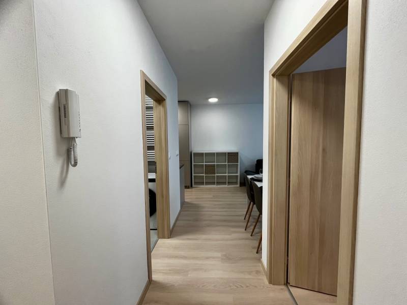 Chodba v 2-pokojovém bytě s podlahou s dřevěným dekorem a jednoduchým interiérem.