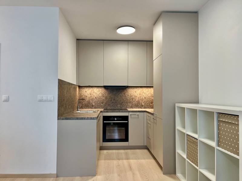 Kuchyně v 2-pokojovém bytě s podlahou s dřevěným dekorem a úložnými policemi.