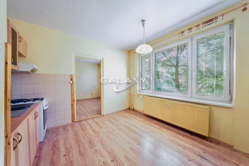 Kuchyně v 1-pokojovém bytě s podlahou s dřevěným dekorem a velkým oknem.