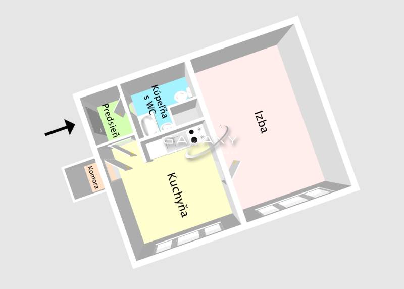 Půdorys 1-pokojového bytu s kuchyní, koupelnou a WC.