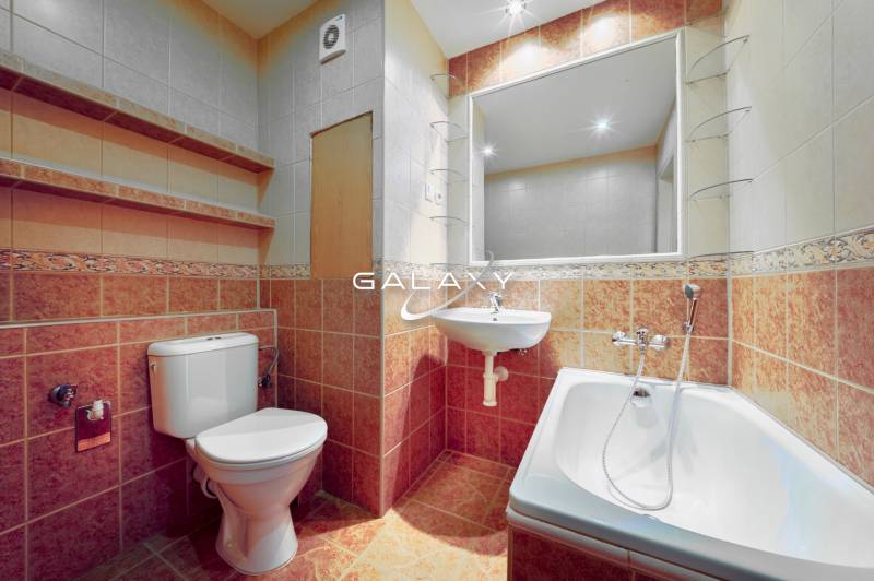 Koupelna s toaletou, umyvadlem a vanou obložená keramickými dlaždicemi v 1-pokojovém bytě.