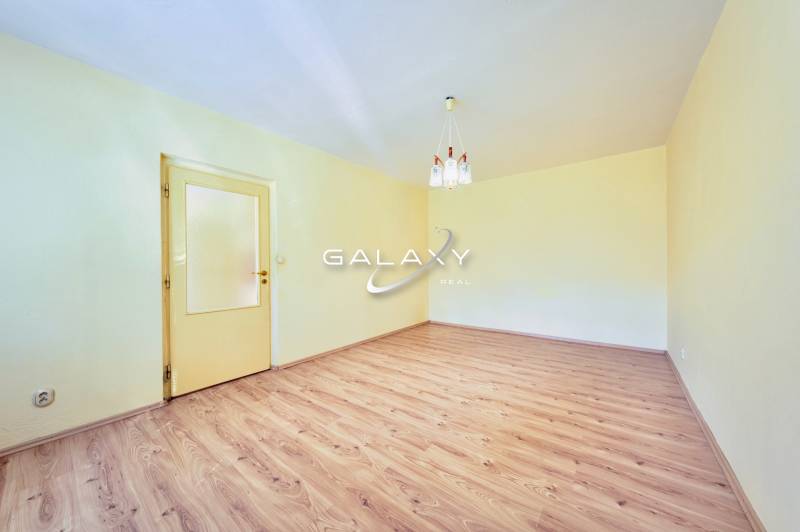 Interiér prázdného 1-pokojového bytu s podlahou s dřevěným dekorem a lustrem.