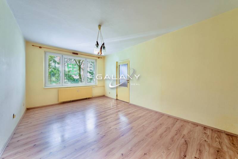 Pokoj s podlahou s dřevěným dekorem a žlutými stěnami v 1-pokojovém bytě.