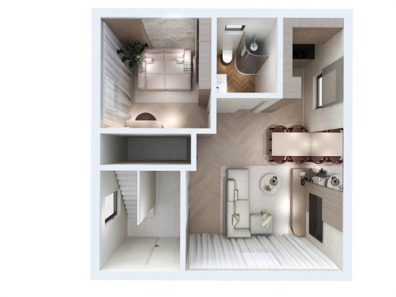 Dispozice rodinného domu s podlahou s dřevěným dekorem a elegantním interiérem.