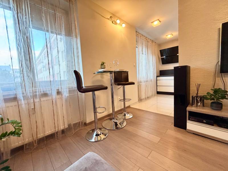 Interiér 2-pokojového bytu s podlahou s dřevěným dekorem, barovými stoličkami a dekoracemi.