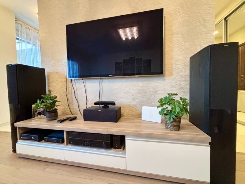 Televizor na stěně obývacího pokoje s dekorativními rostlinami a elektronikou na skříňce.