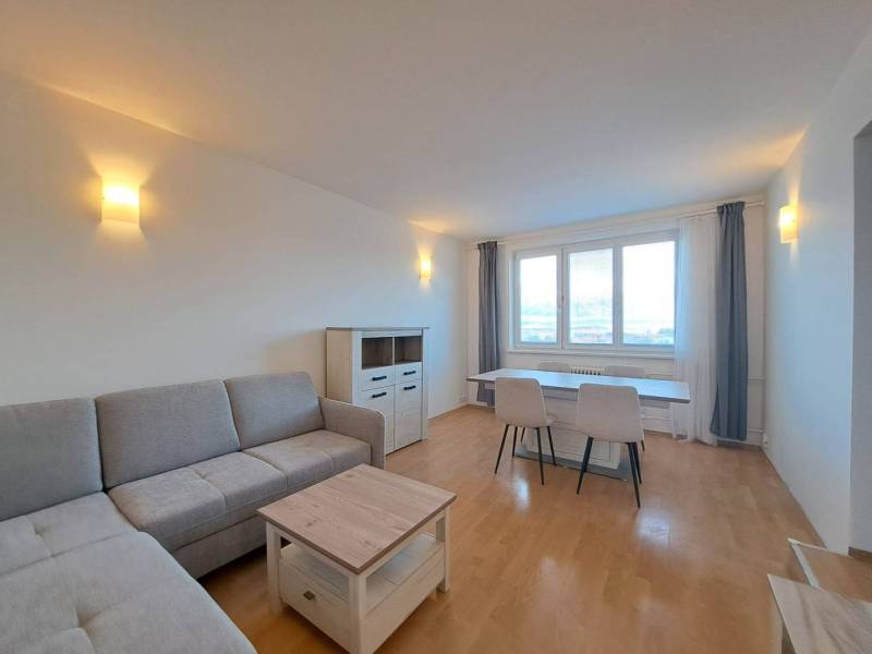 Obývací pokoj ve 4pokojovém bytě s podlahou s dřevěným dekorem a šedou sedačkou.