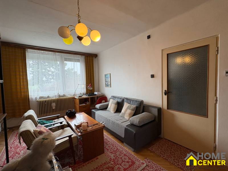 Obývací pokoj v rodinném domě s pohovkou, stolem a retro lustrem.