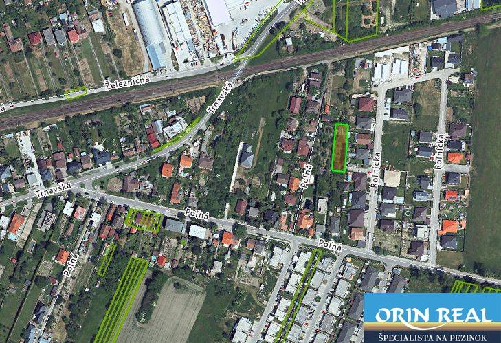 Letecký pohled na pozemky k bydlení v oblasti ulice Polná, Bernolákovo.