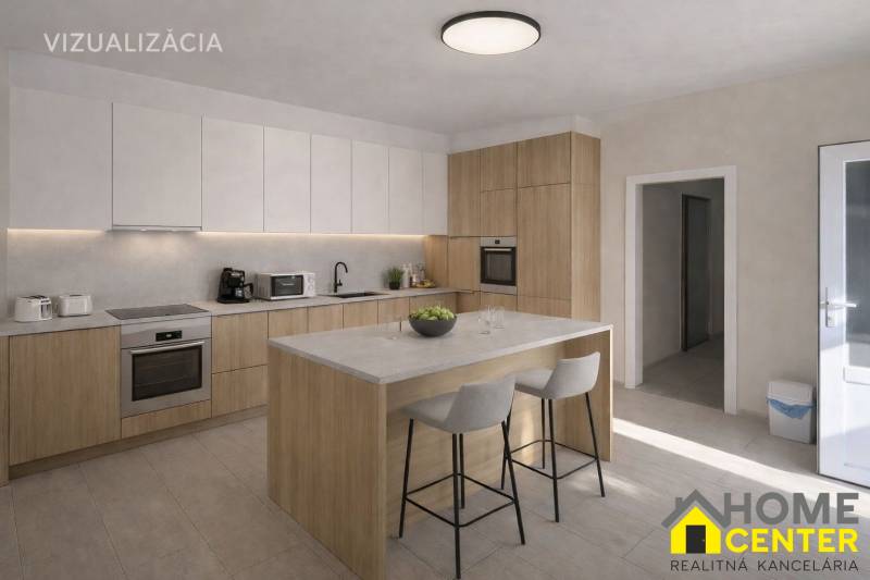 Kuchyně v rodinném domě s ostrůvkem a podlahou s dřevěným dekorem.